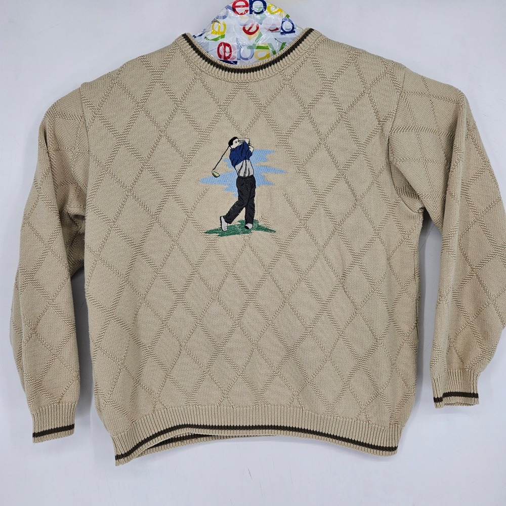 Aquarius Golf Sweater Mens Large Tan Vintage Embroidered Diamond Knit Crewneck